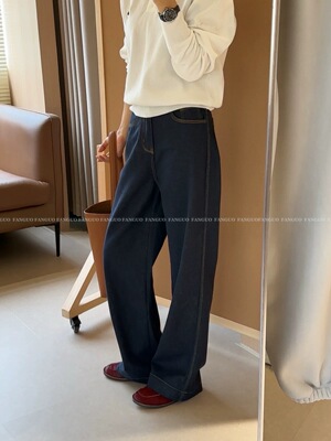 vin*ge永远经典 复古明线丹宁蓝直筒牛仔裤女