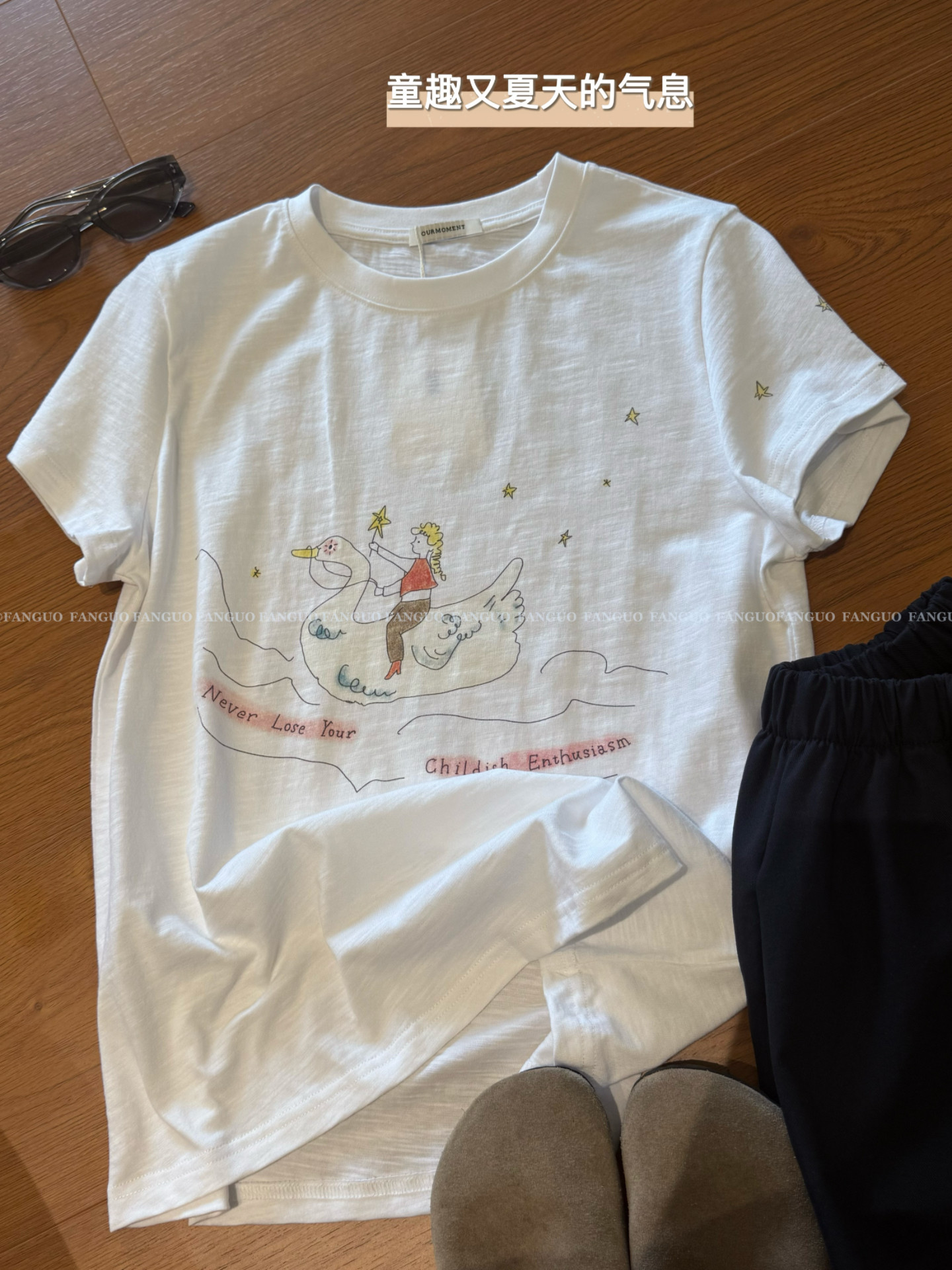 ourment &ldquo;骑鹅女孩 手绘插画 竹节棉正肩显瘦白色短袖T恤包邮