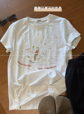 ourment “骑鹅女孩 手绘插画 竹节棉正肩显瘦白色短袖T恤包邮