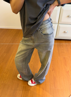 帅痞～复古高级水洗烟灰色！无弹质感直筒显瘦牛仔裤女包邮