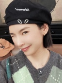 贝雷帽 外星人刺绣字母抽绳帽子 韩国设计师款