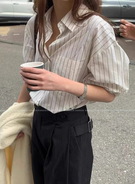 【韩国overt*ke】 简约通勤翻领复古条纹衬衫女春季百搭宽松衬衣