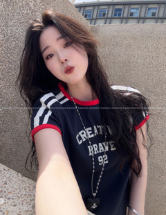 美式复古球衣风 显瘦正肩螺纹棉撞色字母短袖T恤女