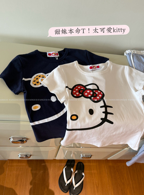 ins博主安利！大脸kitty猫印花圆领弹力修身显瘦短袖T恤女包邮