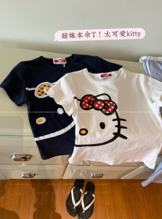 包邮 ins博主安利 T恤女 显瘦短袖 大脸kitty猫印花圆领弹力修身