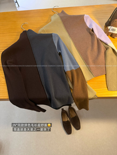 JNN*同款！设计感高级巴素兰羊毛拼色针织衫高领修身打底衫女