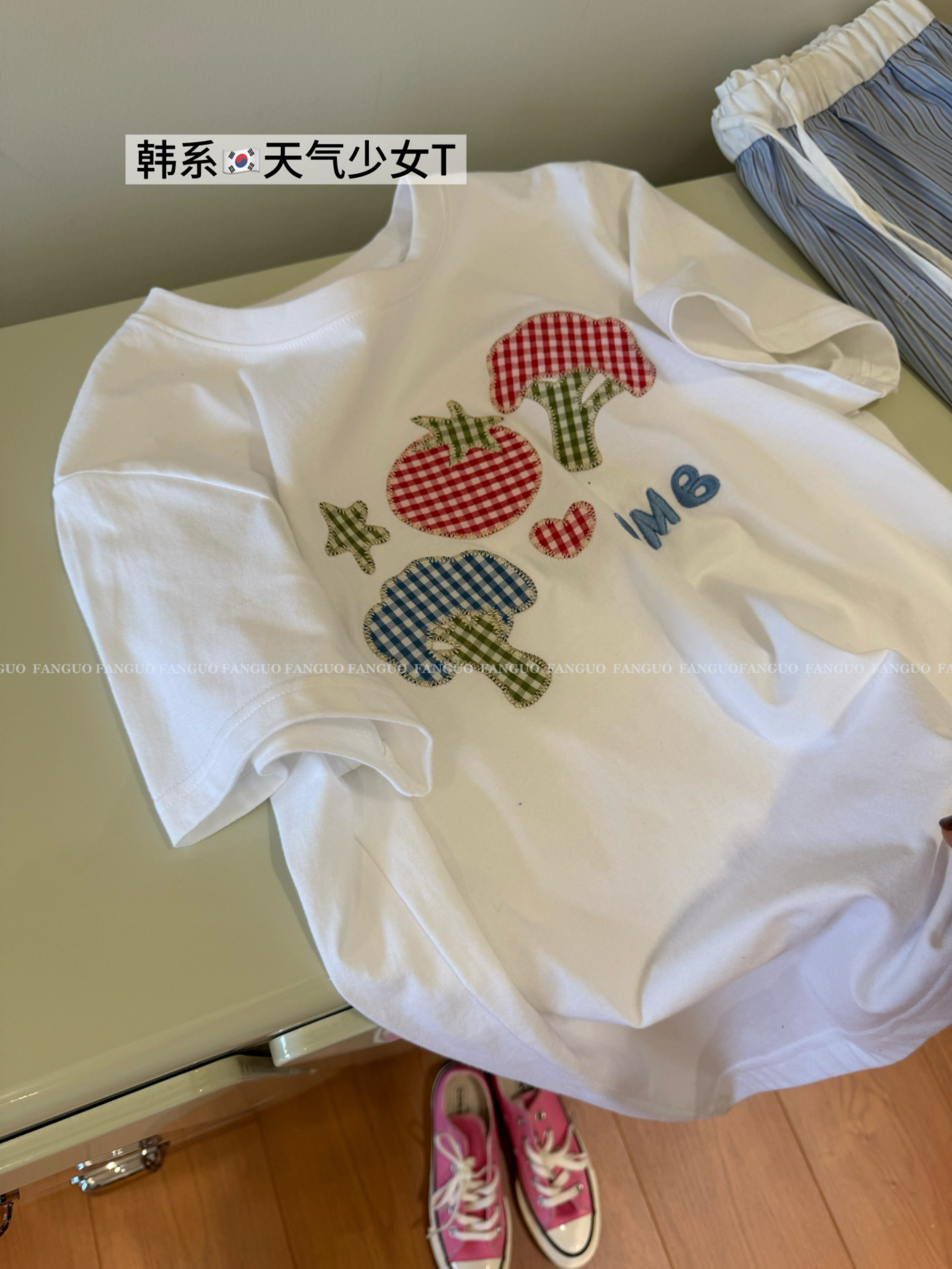 韩国东大门/好可耐～ 花菜西红柿 贴布刺绣全棉短袖T恤女包邮