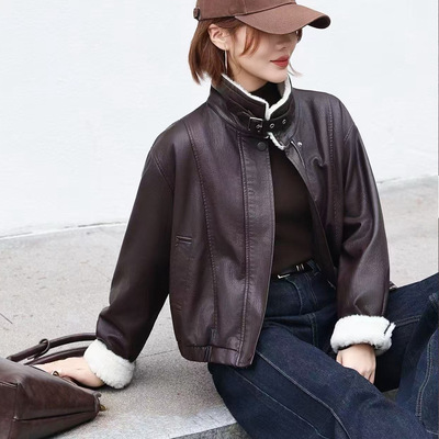 25秋冬复古美拉德加绒立领短皮衣外套女美式机车羊羔毛夹克29023