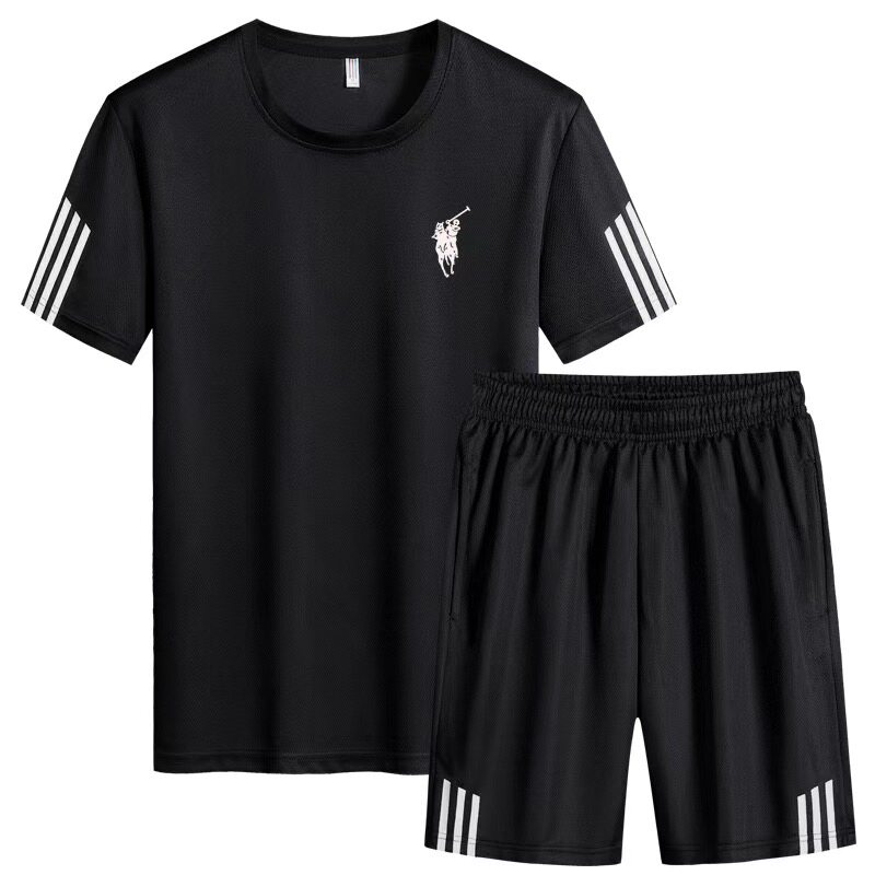 保罗夏季男士运动套装圆领短袖短裤三条杠两件套休闲跑步健身服男