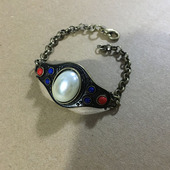 欧美宫廷复古饰品 古铜色刻面椭圆珍珠片花纹手链女99克拉