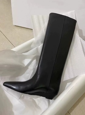 牛皮版~胖mm黑色长筒靴骑行靴女2025新款尖头不过膝高筒靴丑丑靴