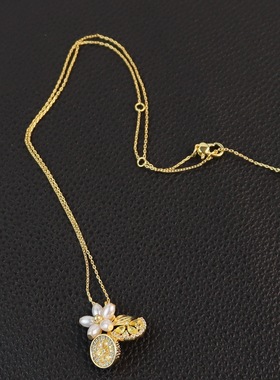 青岛外贸饰品KS家柠檬花瓣珍珠耳环水钻锆石镶嵌清新高级感锁骨链