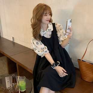 大码女装2025夏套装韩版泡泡袖衬衫洋气娃娃连衣裙胖mm显瘦两件套