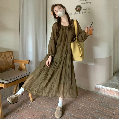 慵懒风简约高级感咖色长袖连衣裙