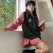 大码 两件套韩版 胖mm时尚 藕粉色衬衫 女装 刺绣小野猫连帽马甲 秋季