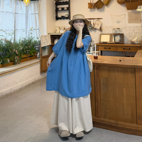 大码夏季复古蓝显瘦衬衫裙套装