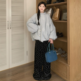 女装 套装 2025冬季 丝绒波点阔腿裤 立领宽松刺绣花苞棉服外套 大码