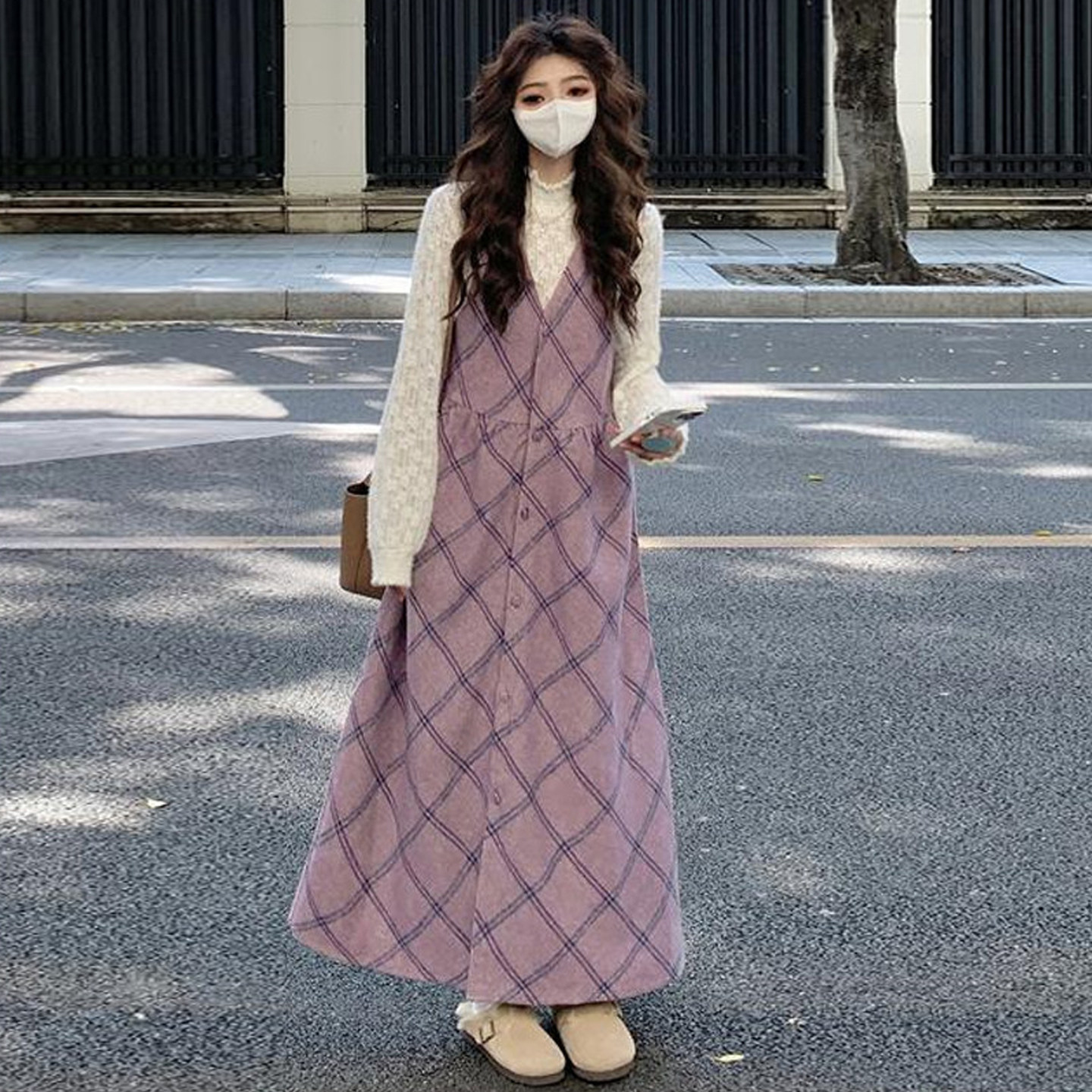 大码女装2025秋冬胖mm紫色格纹V领包扣毛呢背心裙+蕾丝打底两件套,女装/女士精品,大码套装,淘宝优惠券,粉丝福利购,淘宝优惠卷