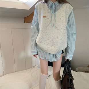 女装 衬衣两件套装 2025秋季 胖mm宽松显瘦遮肚子毛衣马甲 新款 大码