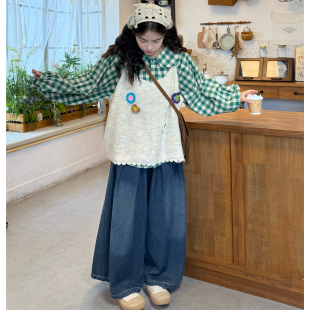 新款 胖mm复古格纹衬衫 花朵针织马甲 大码 套装 2025秋季 牛仔裤 女装