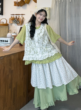 森系大码女装夏季叠穿绿色短袖蕾丝马甲宽松显瘦不规则半身裙套装