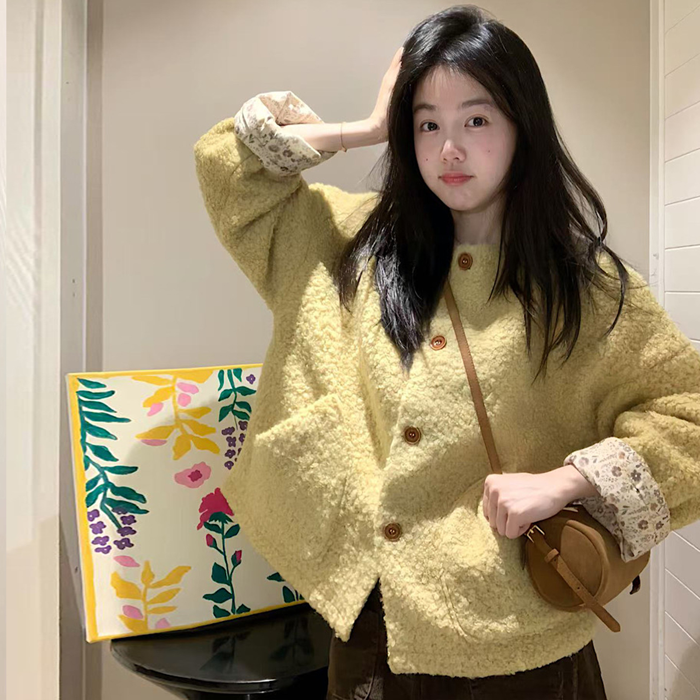 冬小众设计宽松碎花拼接毛呢外套