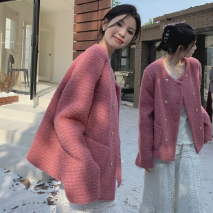 高级感气质粉色小香风加棉加厚毛呢外套 2025秋冬胖mm法式 大码 女装