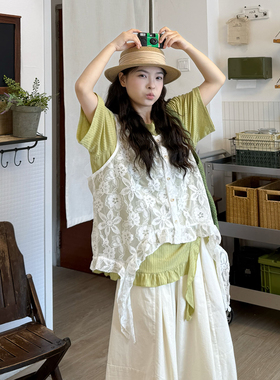 森系大码女装夏季叠穿绿色短袖蕾丝马甲宽松显瘦阔腿裤子三件套