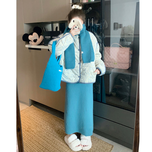 冬韩版碎花棉服围巾半身裙三件套
