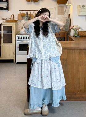 大码女装复古蕾丝马甲内搭叠穿三件套夏季宽松文艺浅蓝色不规则裙