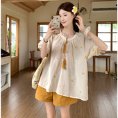 女装 高腰短裤 2025夏季 大码 胖mm韩版 甜美设计感刺绣上衣 显瘦套装