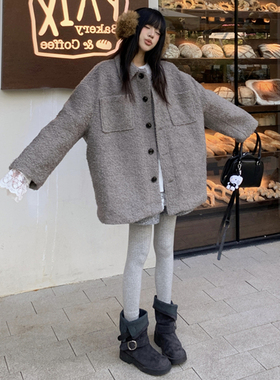 大码女装2025胖mm韩版慵懒风宽松高级感灰色泰迪颗粒夹棉毛呢大衣