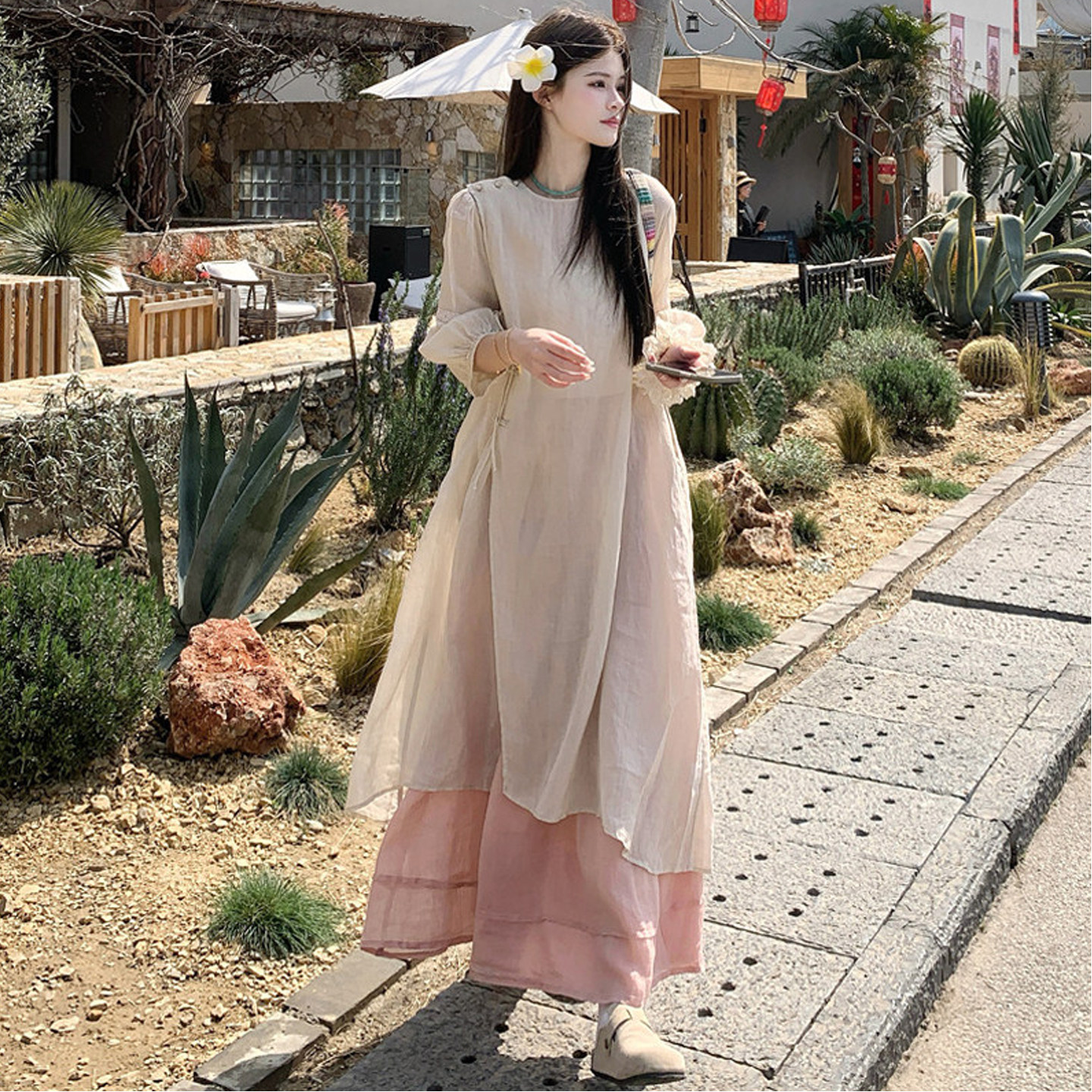 大码女装2025夏胖mm复古禅意风纯色新中式仙气连衣裙+皮粉半身裙,女装/女士精品,大码套装,淘宝优惠券,粉丝福利购,淘宝优惠卷