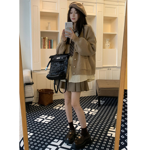 三件套 2025秋胖mm慵懒风毛衣外套条纹衬衣高腰百褶裙时尚 大码 女装