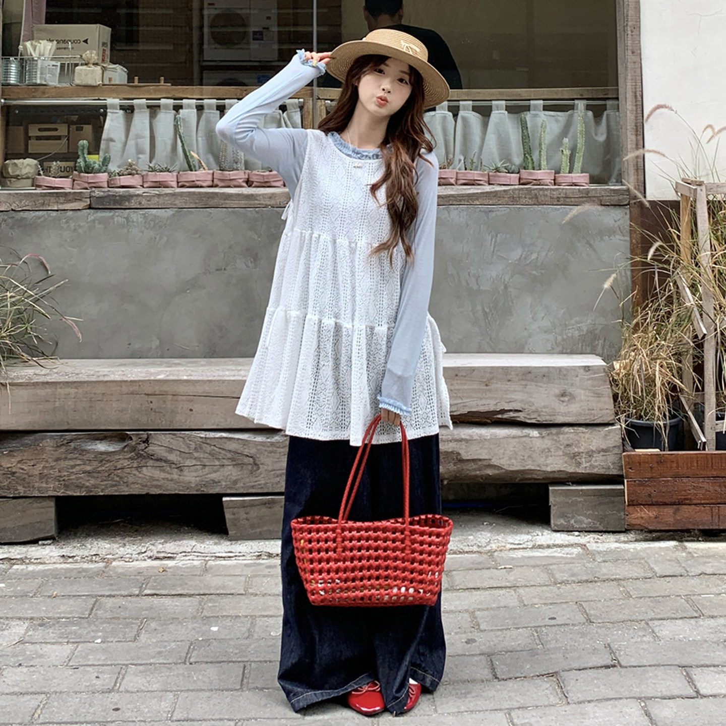 大码女装2026早春胖mm韩版蓝色打底衫+设计感蕾丝绑带背心两件套,女装/女士精品,大码套装,淘宝优惠券,粉丝福利购,淘宝优惠卷