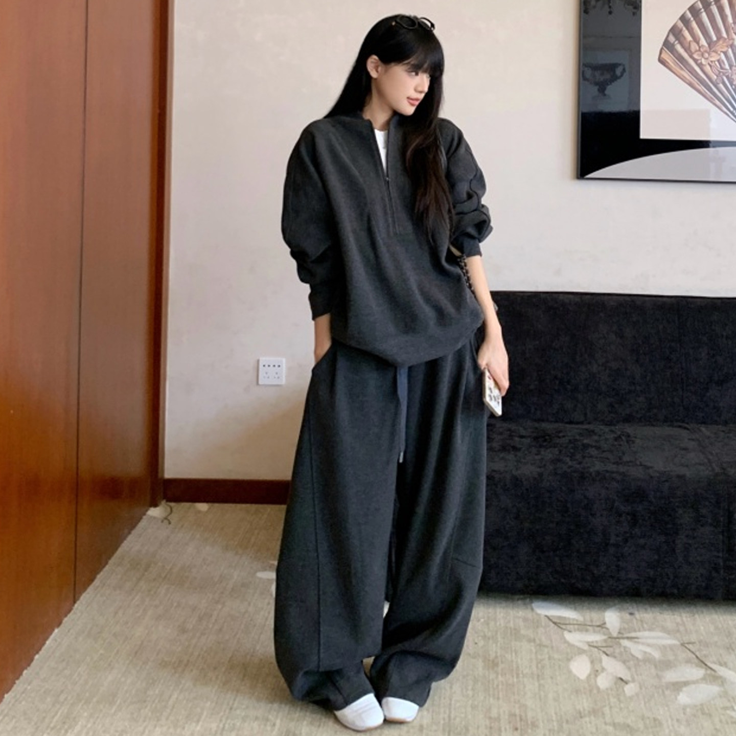 大码女装2026早春胖mm老钱风拉链V领卫衣卫裤弯刀裤运动休闲套装