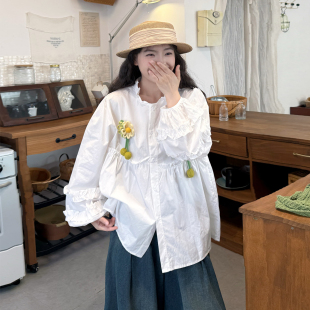 女装 套装 甜美风雏菊立体花朵长袖 减龄上衣牛仔裤 木耳边衬衫 大码