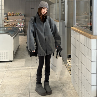 韩版 胖mm冬季 宽松休闲立领拉链加厚双面摇粒绒灰卫衣外套 女装 大码