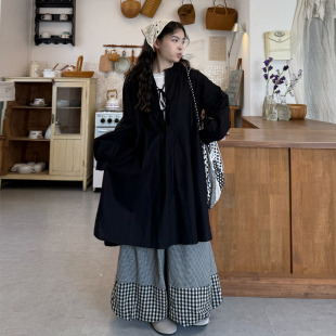 女装 格子花苞休闲裤 2026春季 复古宽松棉麻系带衬衫 两件套 套装 大码