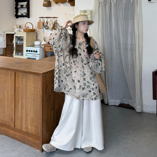 大码女装早秋花卉衬衫显瘦两件套