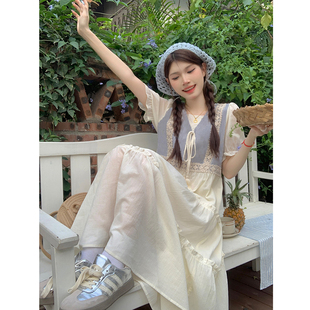 大码女装2025夏胖mm森系重工拼接系带蝴蝶结V领显瘦设计感连衣裙