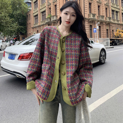 韩版宽松气质编织粗花呢格子外套