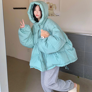 胖mm韩版 2025冬新款 立领连帽抽绳宽松加厚羽绒棉服面包服 女装 大码