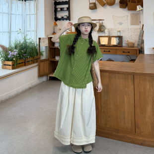 大码女装森系简约格子衬衫两件套夏季宽松短袖裤腿长裤通勤套装