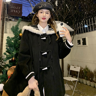 大码女装2025冬季日系元气少女毛毛海军领小斗蓬夹棉加厚毛呢外套