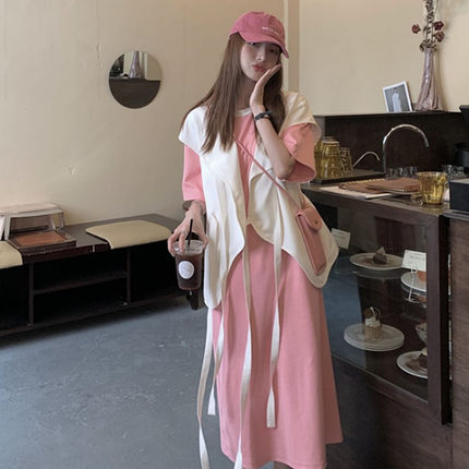 大码女装炸街显瘦两件套韩版慵懒风T恤连衣裙+百搭宽松马甲套装