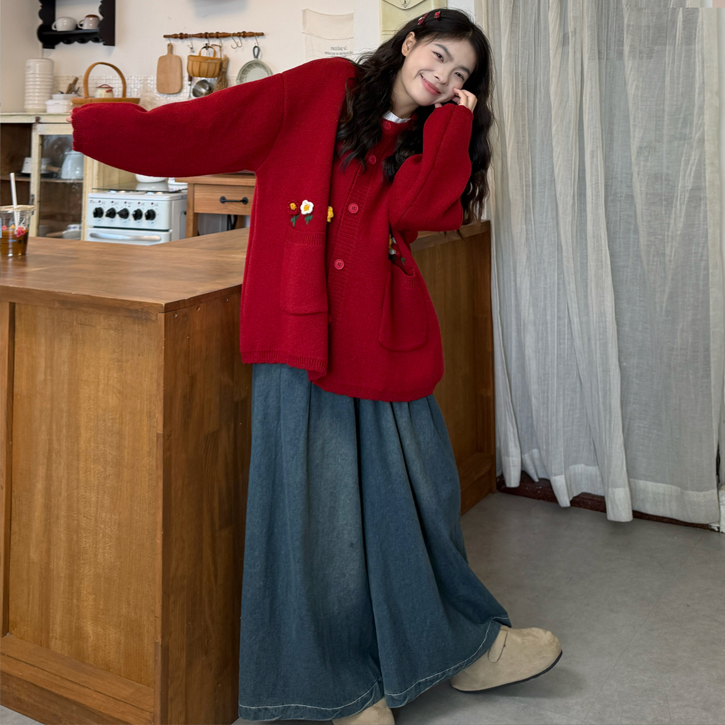 立体花朵开衫毛衣外套牛仔裤套装