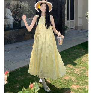 胖mm度假风甜美无袖 大码 新款 女装 圆领宽松黄色格纹连衣裙 2025夏季