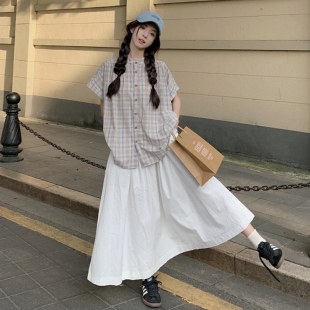 白色半身裙显瘦套装 大码 胖mm复古格子撞色宽松衬衫 2025夏季 女装