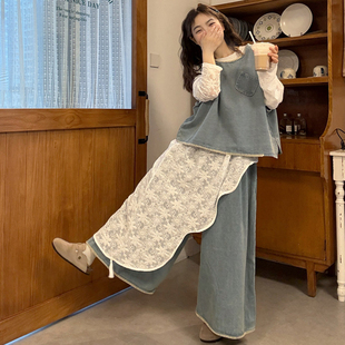 大码女装2026早春文艺叠穿牛仔马甲阔腿裤套装不规则设计感连衣裙